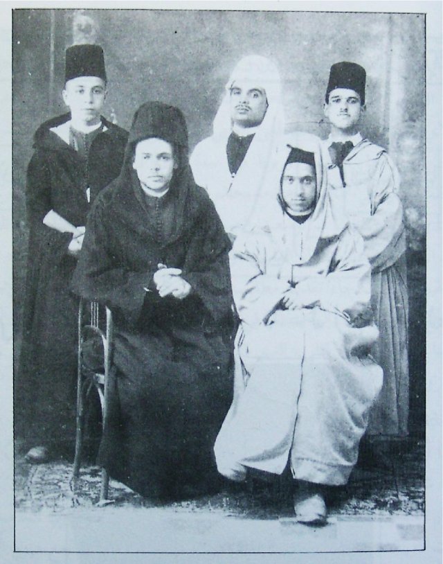 The Moroccan Publishing Company. From right to left: seated Hachmi Filali (visiting) and Mohammed Chemao; standing Said Hajji (company founder), Mustapha Al Gharbi, and Seddik Ben Larbi. Photo taken in 1927, the year the company was created.